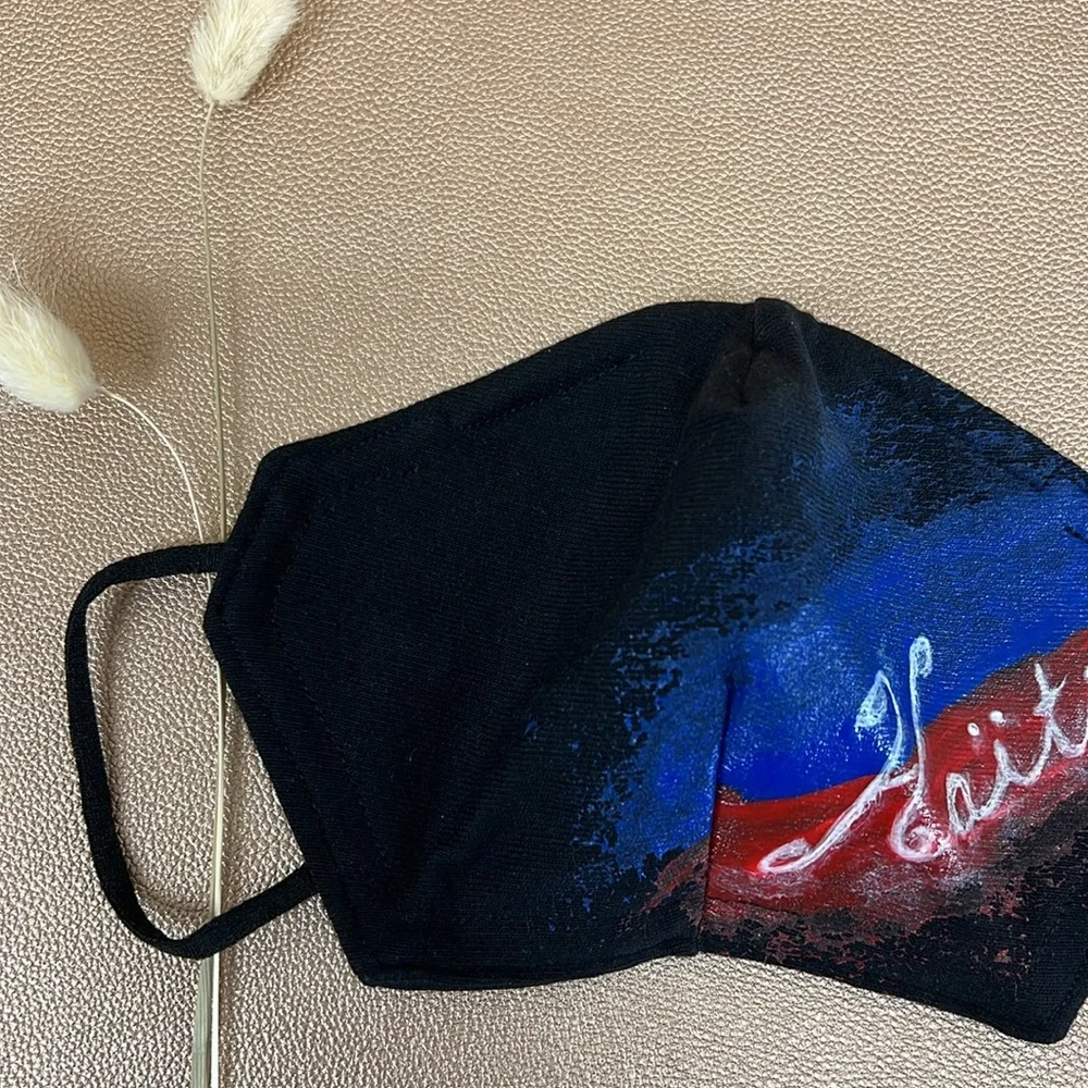 HAITI black jersey fabric custom painted 3 layer reversible face mask
